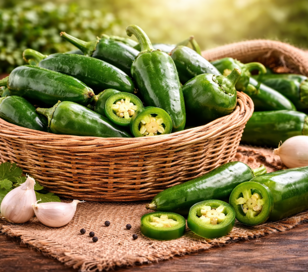 Fresh jalapeños and herbs on burlap